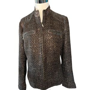Chico’s Jacket Womens Size 1 Medium Kellina Brown Metallic Tweed Faux Leather